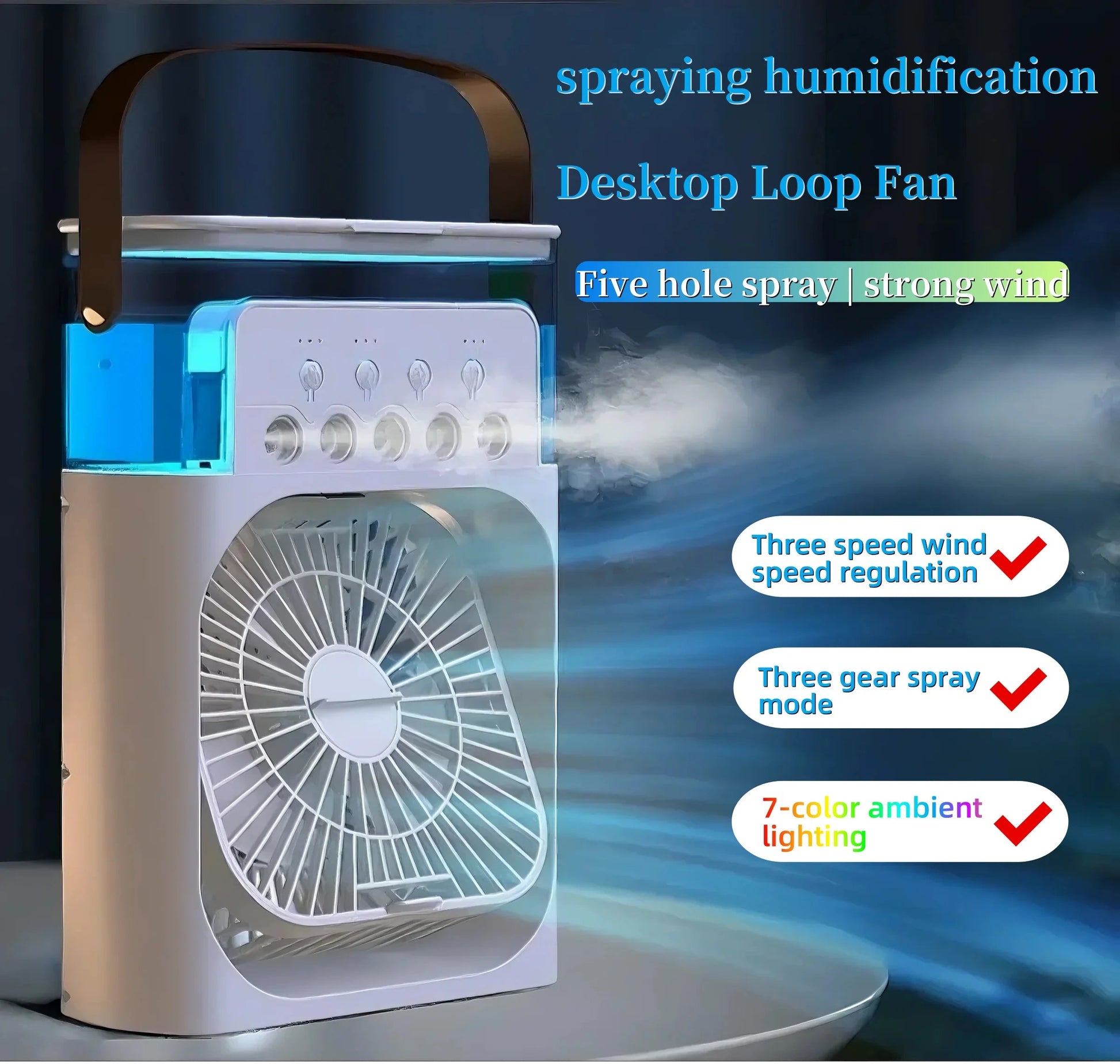 Three-In-One Portable Cooling Fan with 7-Color LED Night Light and 5-Hole Humidifier for Office Home Outdoor