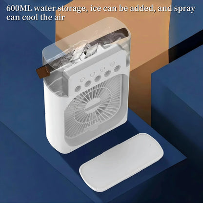 Three-In-One Portable Cooling Fan with 7-Color LED Night Light and 5-Hole Humidifier for Office Home Outdoor