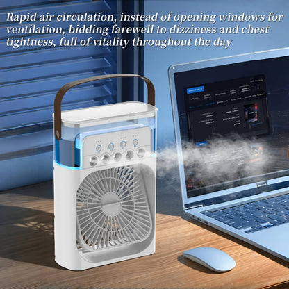 Three-In-One Portable Cooling Fan with 7-Color LED Night Light and 5-Hole Humidifier for Office Home Outdoor